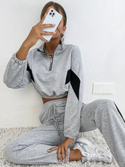 Women's two piece color block long sleeve short sweatshirt suit - 808Lush