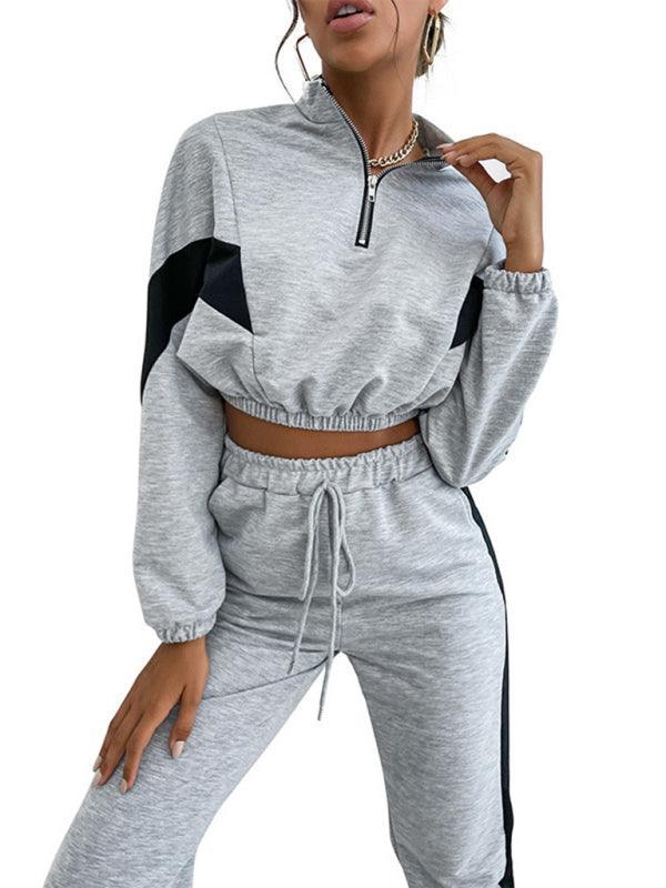 Women's two piece color block long sleeve short sweatshirt suit - 808Lush
