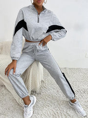 Women's two piece color block long sleeve short sweatshirt suit - 808Lush