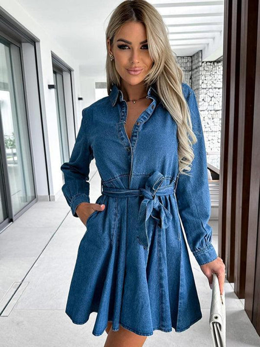 Women's waist-cinched lapel denim dress - 808Lush