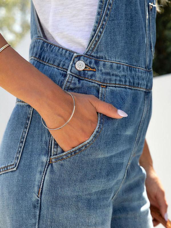 Women's washed blue overalls jeans jumpsuit - 808Lush