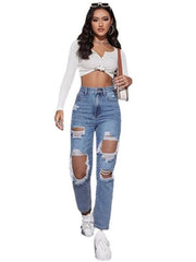 Women's washed ripped high waist straight trousers - 808Lush