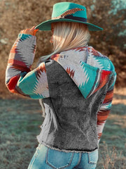 Women's western style denim patchwork hooded jacket - 808Lush