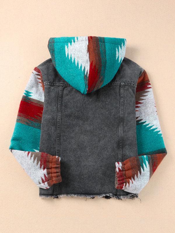 Women's western style denim patchwork hooded jacket - 808Lush