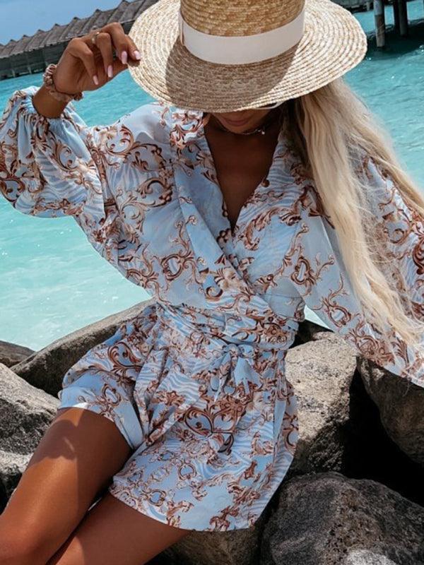 Women's woven floral long-sleeved shorts V-neck tropical rainforest jumpsuit - 808Lush