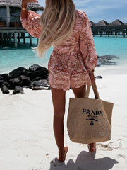 Women's woven floral long-sleeved shorts V-neck tropical rainforest jumpsuit - 808Lush