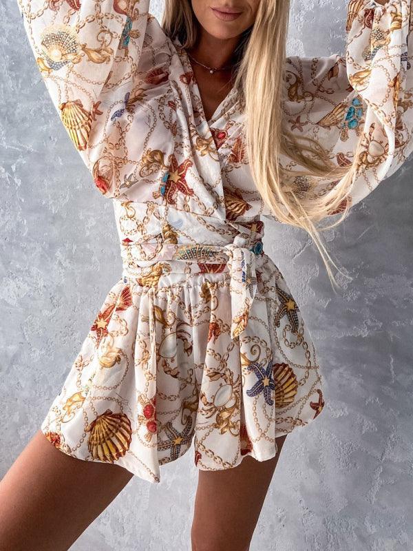 Women's woven floral long-sleeved shorts V-neck tropical rainforest jumpsuit - 808Lush
