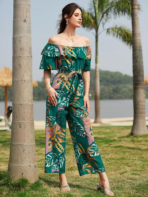 Women's woven one-shoulder chiffon floral resort jumpsuit - 808Lush