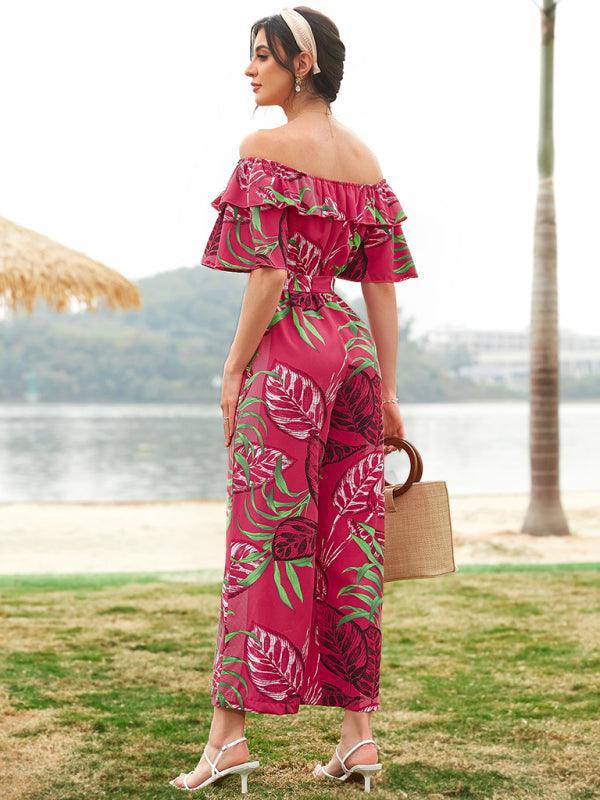 Women's woven one-shoulder chiffon floral resort jumpsuit - 808Lush