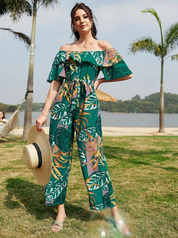 Women's woven one-shoulder chiffon floral resort jumpsuit - 808Lush