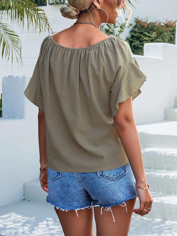 Women's woven ruffled tie round neck one-shoulder top - 808Lush