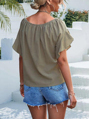 Women's woven ruffled tie round neck one-shoulder top - 808Lush