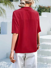 Women's woven solid color retro lapel loose short-sleeved shirt - 808Lush