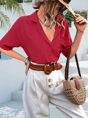 Women's woven solid color retro lapel loose short-sleeved shirt - 808Lush
