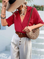 Women's woven solid color retro lapel loose short-sleeved shirt - 808Lush