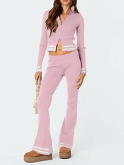 Women's zipper crop top high waist wide leg pants two piece set - 808Lush