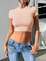 Y2K solid color slim fit cropped short-sleeved top - 808Lush