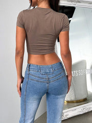 Y2K solid color slim fit cropped short-sleeved top - 808Lush