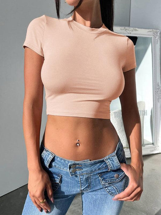 Y2K solid color slim fit cropped short-sleeved top - 808Lush