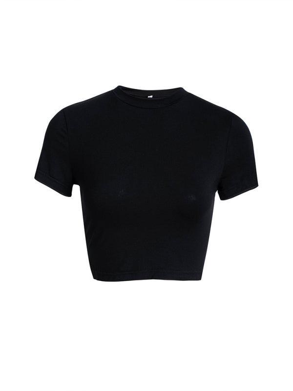 Y2K solid color slim fit cropped short-sleeved top - 808Lush