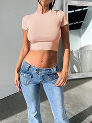 Y2K solid color slim fit cropped short-sleeved top - 808Lush