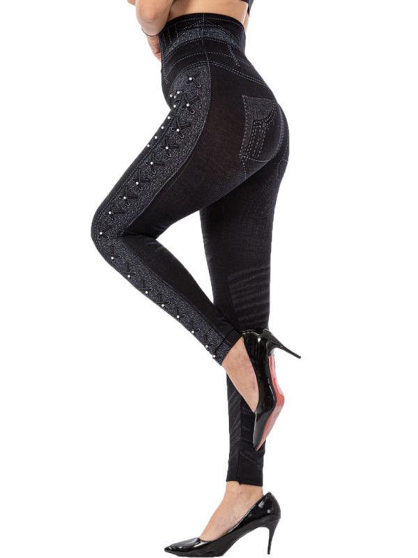 High waist beaded leggings stretch slim cropped pants - 808Lush
