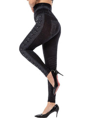 High waist beaded leggings stretch slim cropped pants - 808Lush