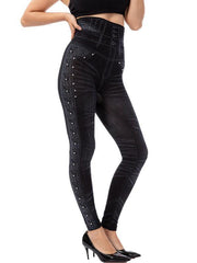 High waist beaded leggings stretch slim cropped pants - 808Lush