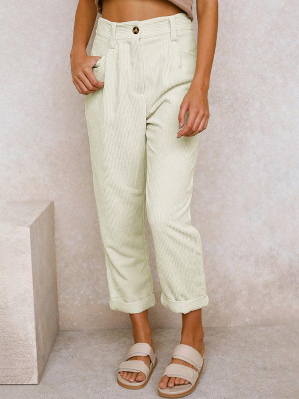 High Waist Lounge Pants Solid Color Corduroy Loose Straight Leg Trousers - 808Lush