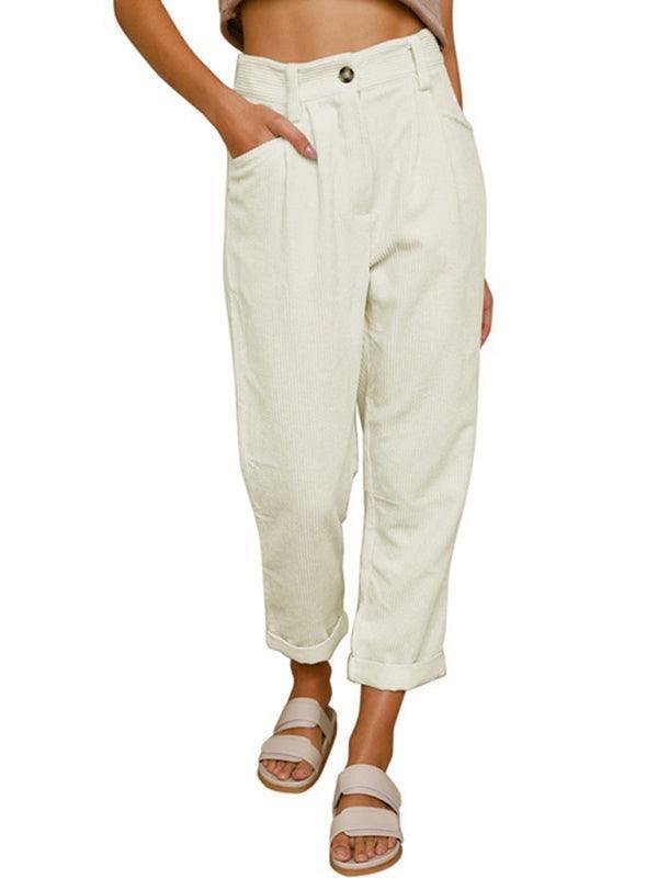High Waist Lounge Pants Solid Color Corduroy Loose Straight Leg Trousers - 808Lush