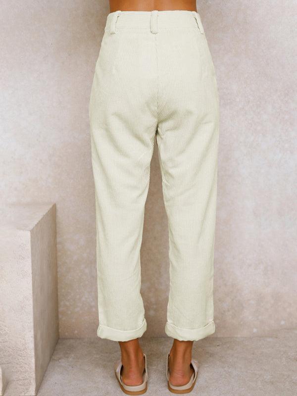 High Waist Lounge Pants Solid Color Corduroy Loose Straight Leg Trousers - 808Lush