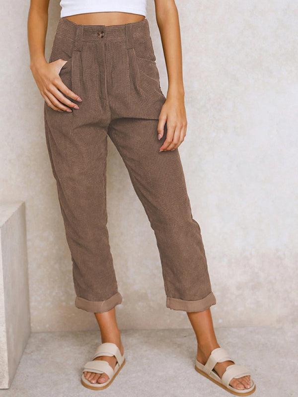 High Waist Lounge Pants Solid Color Corduroy Loose Straight Leg Trousers - 808Lush