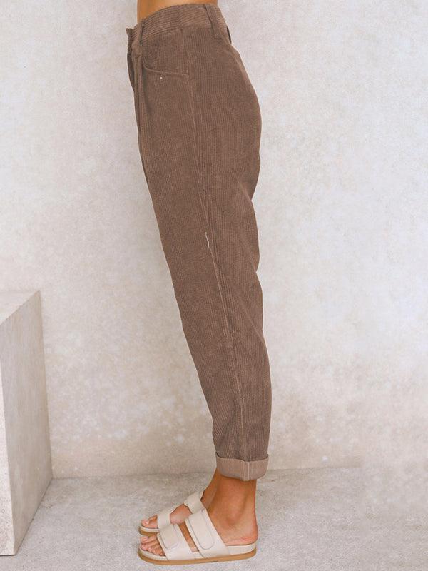 High Waist Lounge Pants Solid Color Corduroy Loose Straight Leg Trousers - 808Lush
