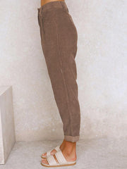 High Waist Lounge Pants Solid Color Corduroy Loose Straight Leg Trousers - 808Lush