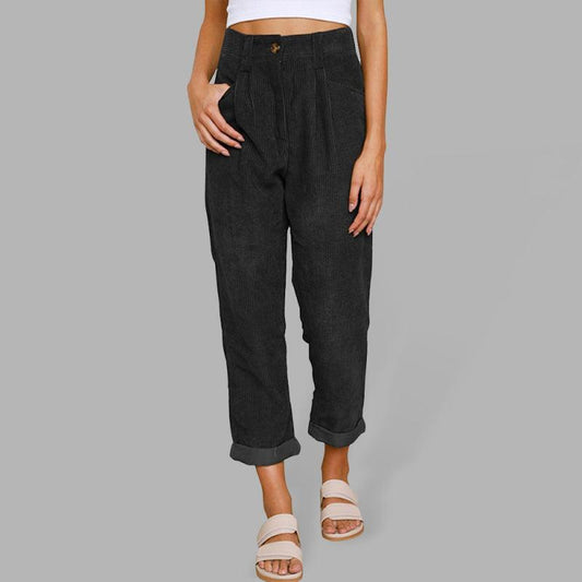 High Waist Lounge Pants Solid Color Corduroy Loose Straight Leg Trousers - 808Lush