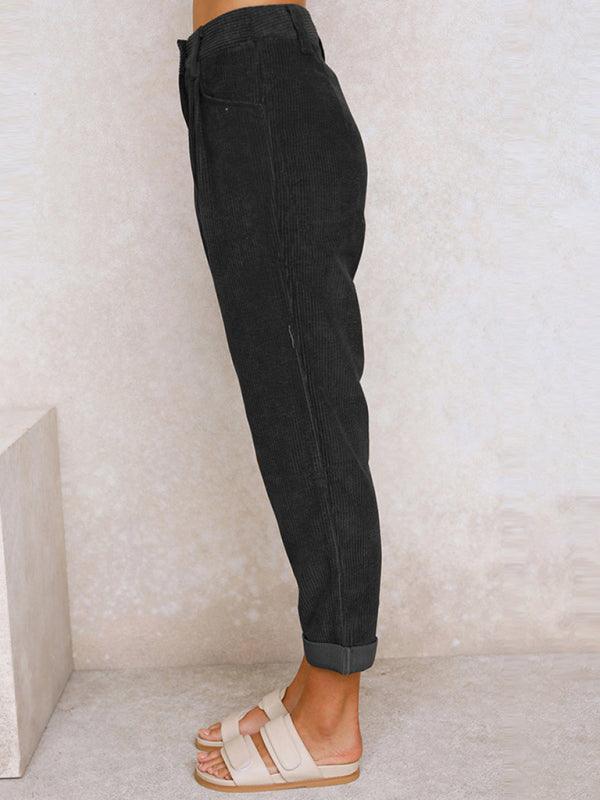High Waist Lounge Pants Solid Color Corduroy Loose Straight Leg Trousers - 808Lush