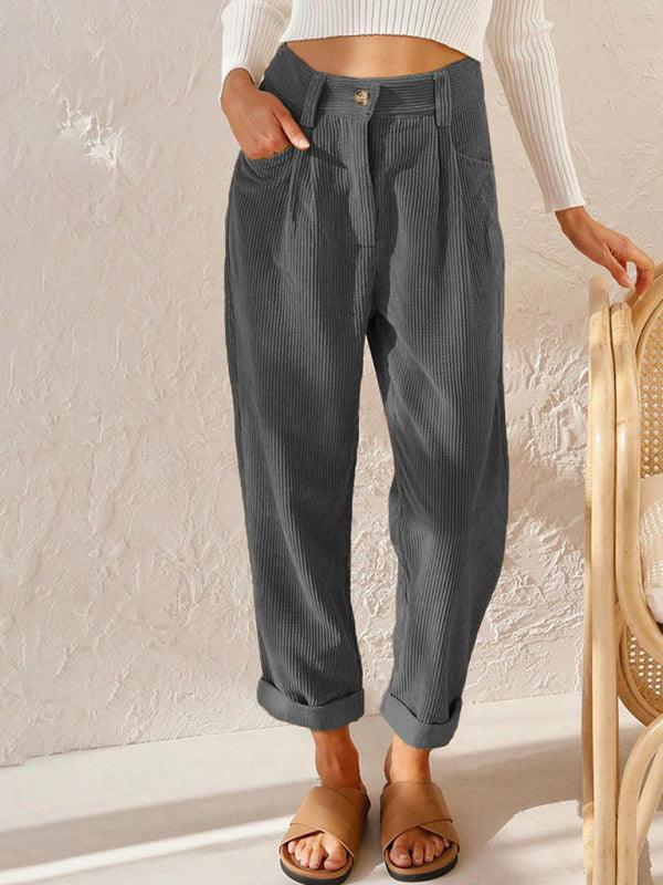 High Waist Lounge Pants Solid Color Corduroy Loose Straight Leg Trousers - 808Lush