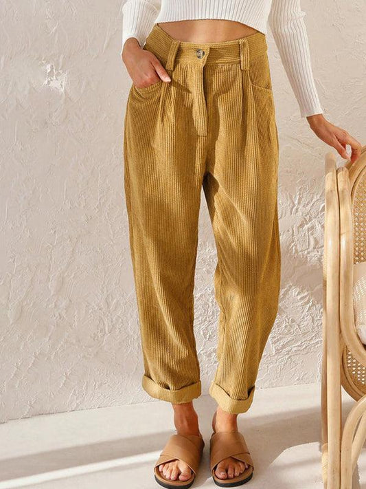 High Waist Lounge Pants Solid Color Corduroy Loose Straight Leg Trousers - 808Lush
