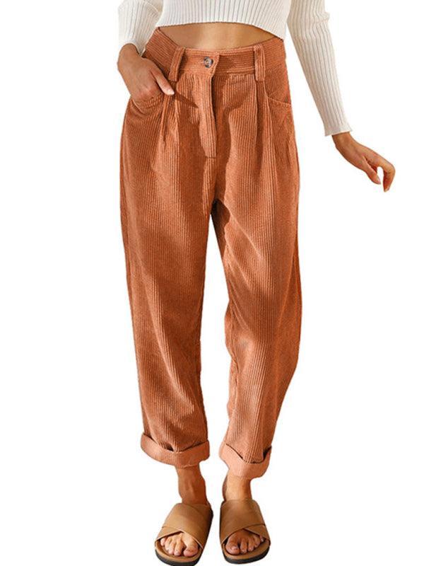 High Waist Lounge Pants Solid Color Corduroy Loose Straight Leg Trousers - 808Lush