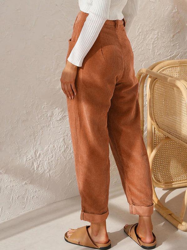 High Waist Lounge Pants Solid Color Corduroy Loose Straight Leg Trousers - 808Lush