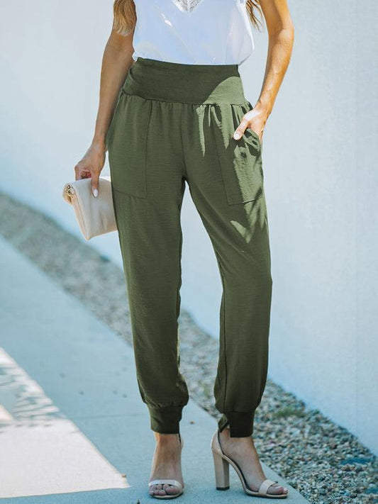 Solid Color High-Waist Ribbed Crop Pocket Lounge Pants - 808Lush