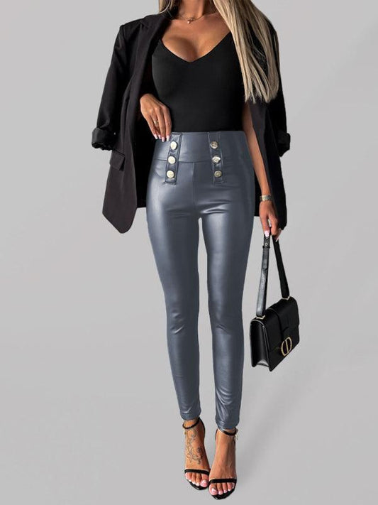 Women's solid color button-down skinny casual leather pants - 808Lush