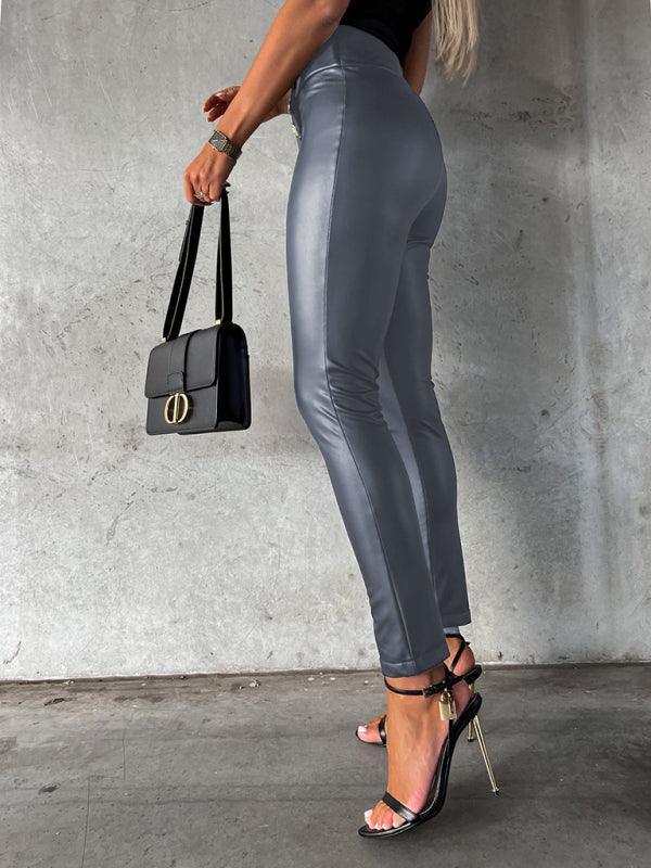 Women's solid color button-down skinny casual leather pants - 808Lush