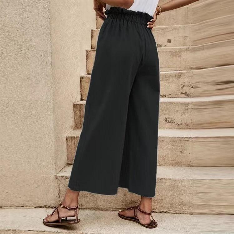 Women's Solid Color Elastic Waist Casual Belted Wide Leg Pants - 808Lush