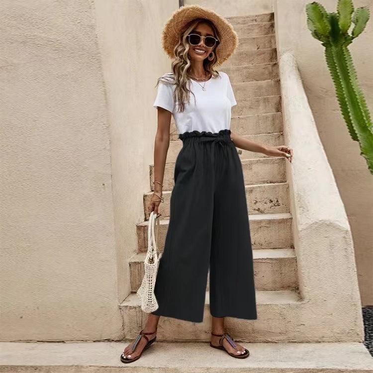 Women's Solid Color Elastic Waist Casual Belted Wide Leg Pants - 808Lush