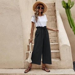 Women's Solid Color Elastic Waist Casual Belted Wide Leg Pants - 808Lush