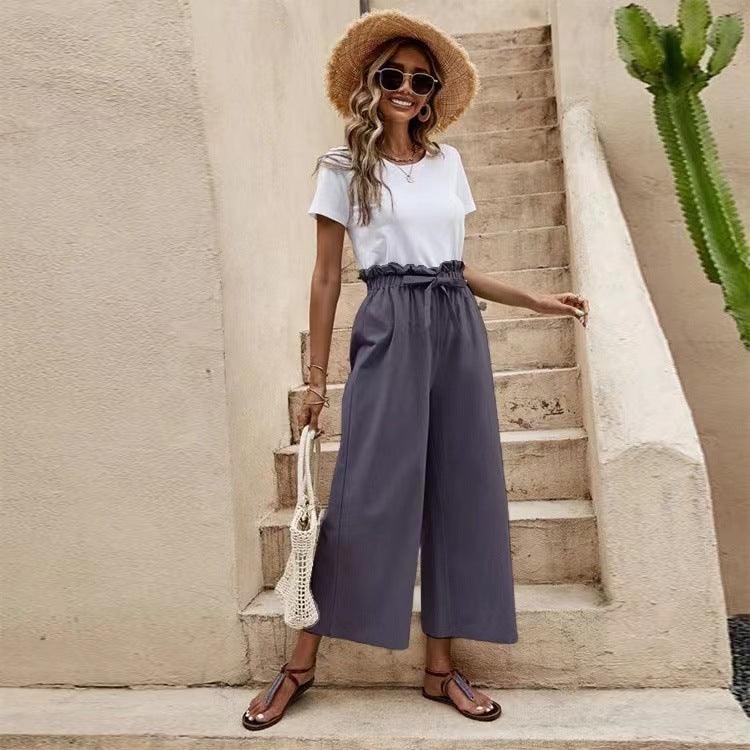 Women's Solid Color Elastic Waist Casual Belted Wide Leg Pants - 808Lush