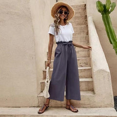 Women's Solid Color Elastic Waist Casual Belted Wide Leg Pants - 808Lush