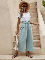 Women's Solid Color Elastic Waist Casual Belted Wide Leg Pants - 808Lush