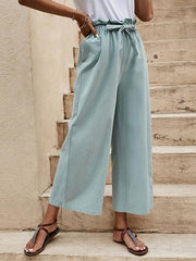 Women's Solid Color Elastic Waist Casual Belted Wide Leg Pants - 808Lush